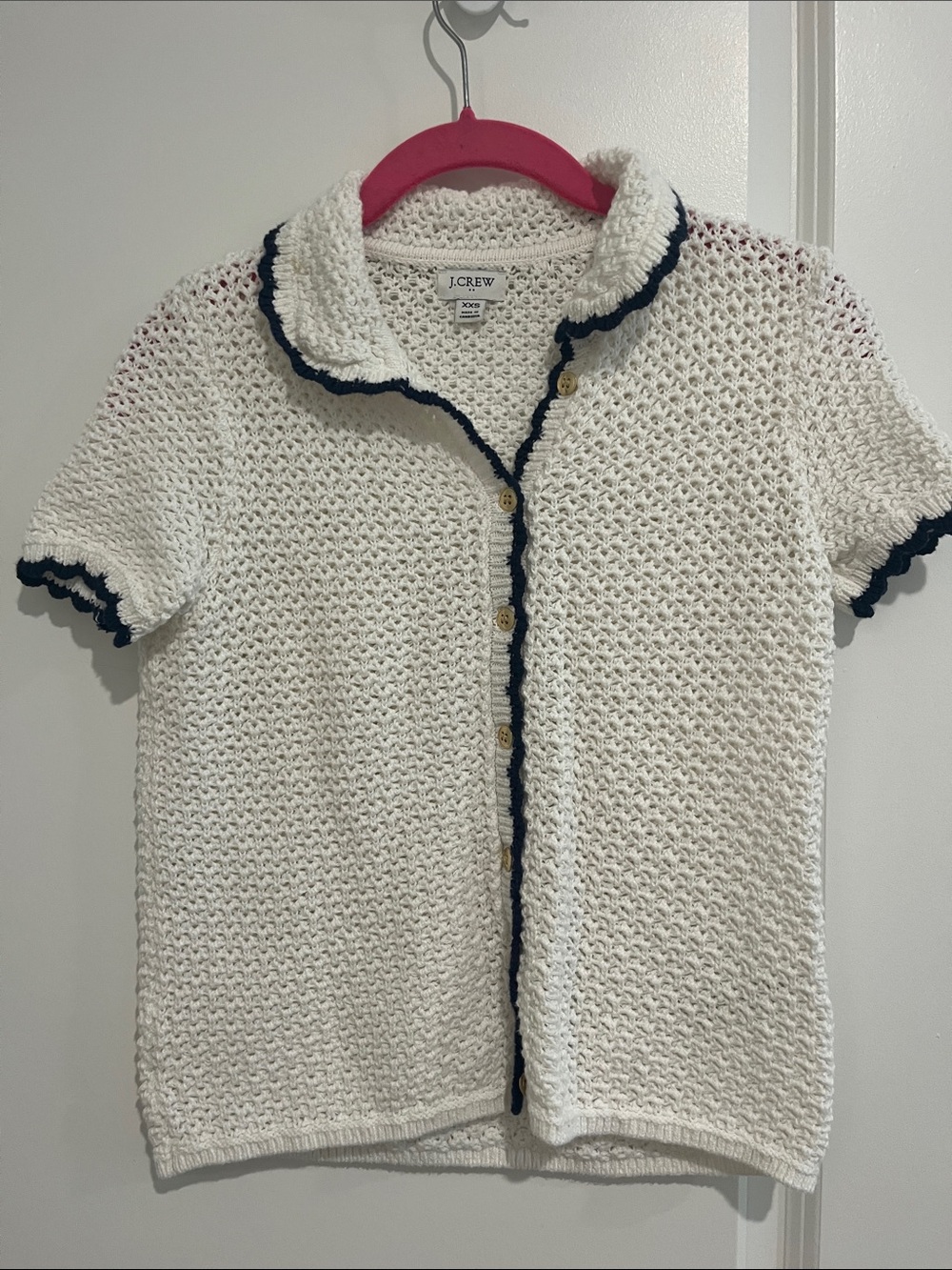 J. Crew White Knit Short-Sleeve Button Cardigan with Navy Trim